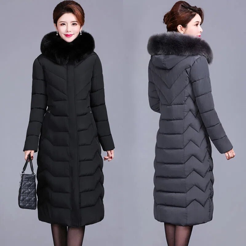 Algodão acolchoado longo com capuz Fur Collar Parkas para mulheres, jaqueta de inverno, casaco de meia-idade, roupas femininas, novo, XL-6XL, 2023