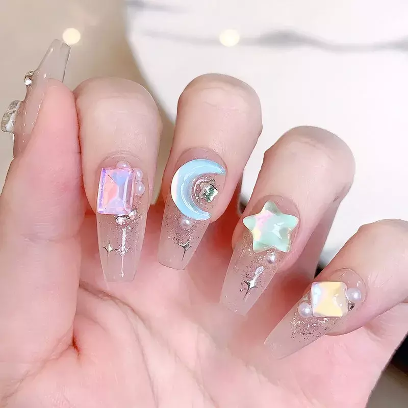 10Pcs Long French Press on Nails Milk Blue Gradient Ballet Fake Nails with Shiny Star Summer Girl Wearable Full Cover Nail Tips