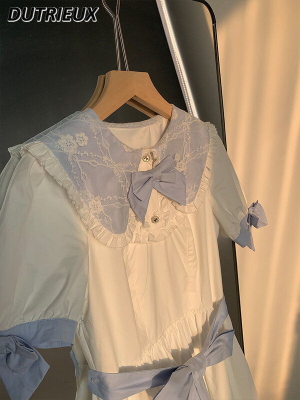Gaun lengan pendek wanita, musim panas warna putih biru jahitan berkerah renda gaun pita manis lucu ramping putri Midi
