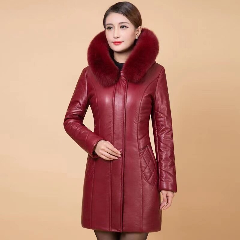 여성용 모피 칼라 후드 파카 오버코트, 긴 코튼 인조 가죽 재킷, 겨울 어머니의 두꺼운 블랙 PU 가죽 재킷, 6XL