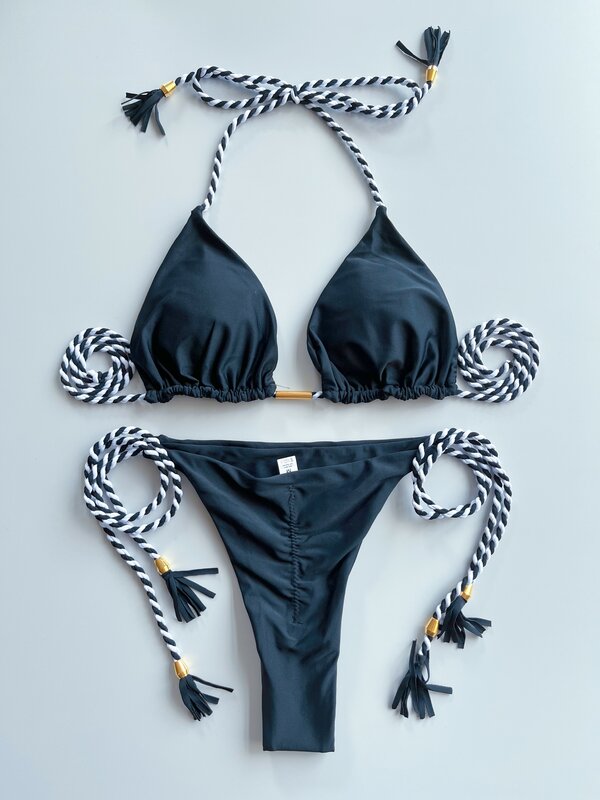 RUOTONGSEPT-Conjunto de Bikini con Tanga para mujer, traje de baño Sexy, ropa de playa triangular, color azul, 2022