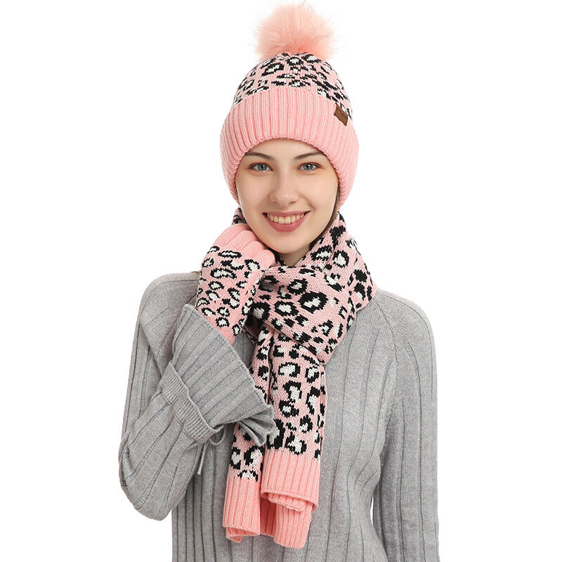 Women's Winter Keep Warm Set Fleece Lining Beanie Telefingers Gloves Thicken Scarf Knitted Muffler Hat Leopard Neckerchief