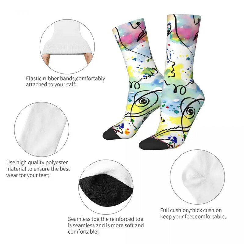 Men's Socks Line Faces With Watercolor Splashes Ink Retro Graffiti Art Pattern Hip Hop Crazy Crew Sock Gift Pattern Printed