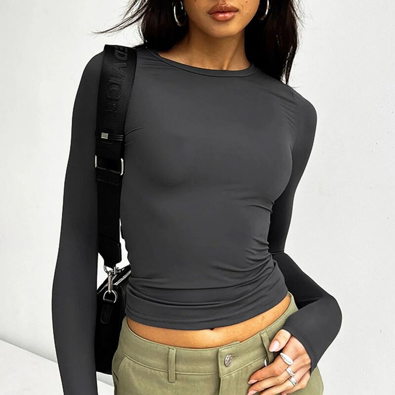 여성 캐주얼 긴 소매 티셔츠 봄 가을 솔리드 슬림 핏 풀오버 티 셔츠 여성 스트리트웨어 베이스 티 상의 캐주얼