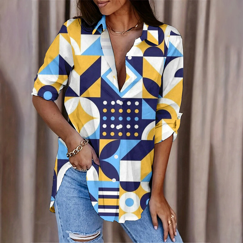 Camisa casual elegante com botão de rua para mulheres, elegante e confortável, manga longa, top solto, estampa geométrica colorida