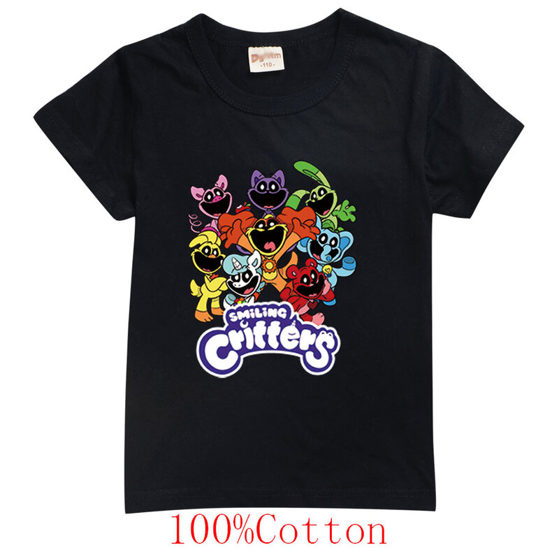 Camisetas de Critters sonrientes para niños, camiseta de juego para niños, ropa informal Kawaii de dibujos animados, Tops de manga corta para niños y niñas, novedad de verano