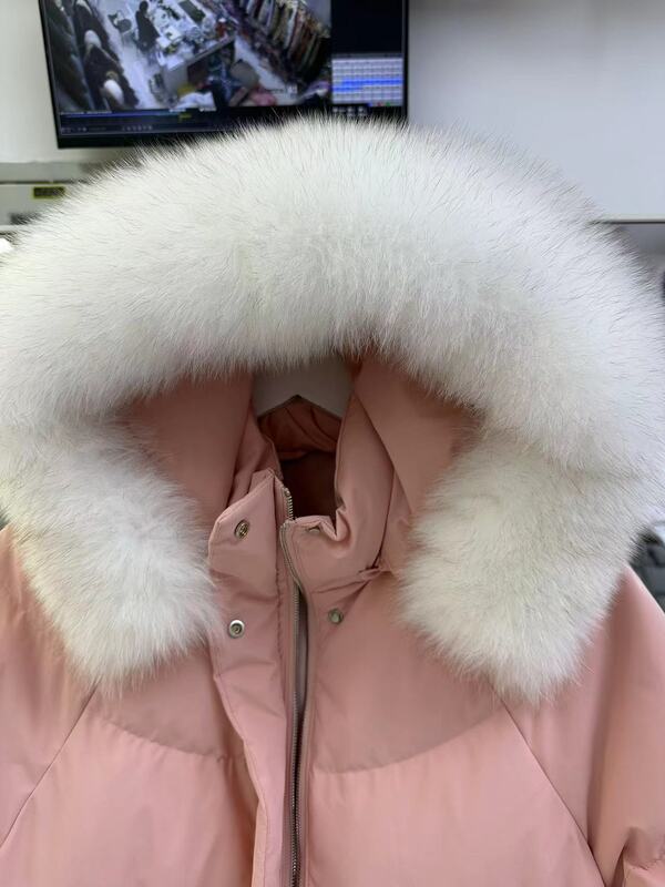Winter Thicken Big Fur Collar Mid-Length down Jacket Women's Coat Hooded Fashion White Duck down