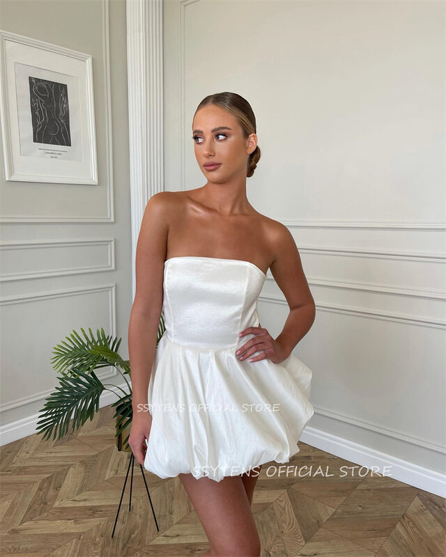 Vestidos de noiva de cetim sem alças, vestido de noiva curto, mini vestido Israel Ruched, vestidos de festa, 2024