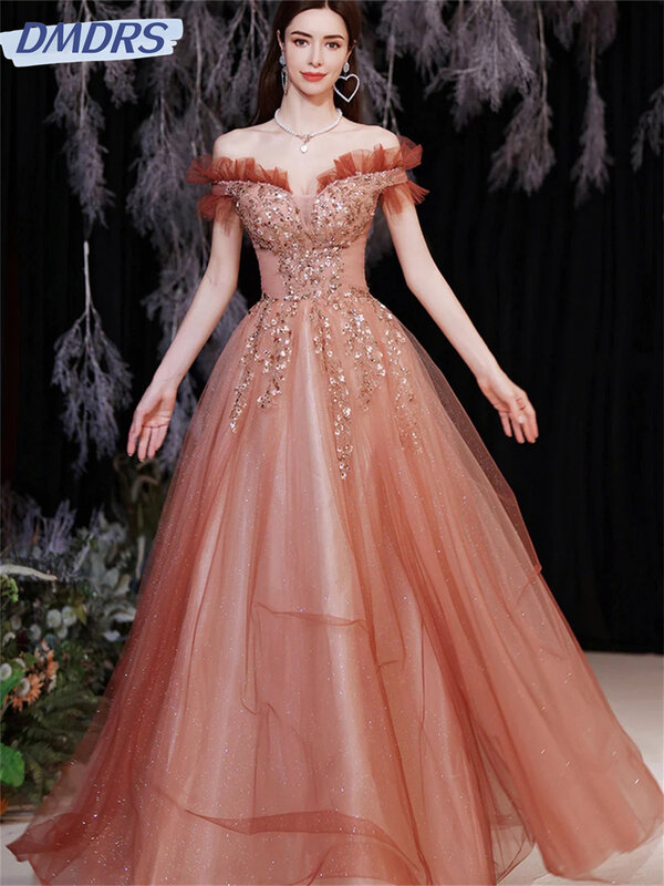 Charming A-Line Prom Dress, vestidos graciosos Off-Ombro, vestidos elegantes Chiffon até o chão, 2024