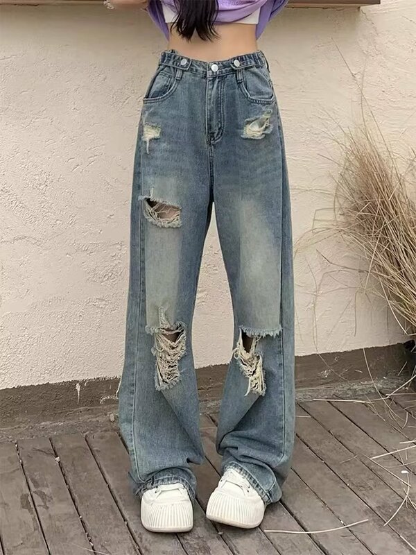 Koreaanse Stijl Jeans Vrouwen Nieuwe Niche Retro Jeans Met Wijde Pijpen Voor Casual Street Fashion Hoge Taille Mode Gescheurde Broek