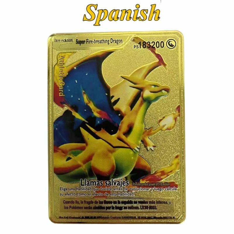 Carte pokemon spagnole carte pokemon in metallo dorato carte spagnole in ferro duro mewtwo pikachu gx charizard vmax pacchetto collezione di giochi