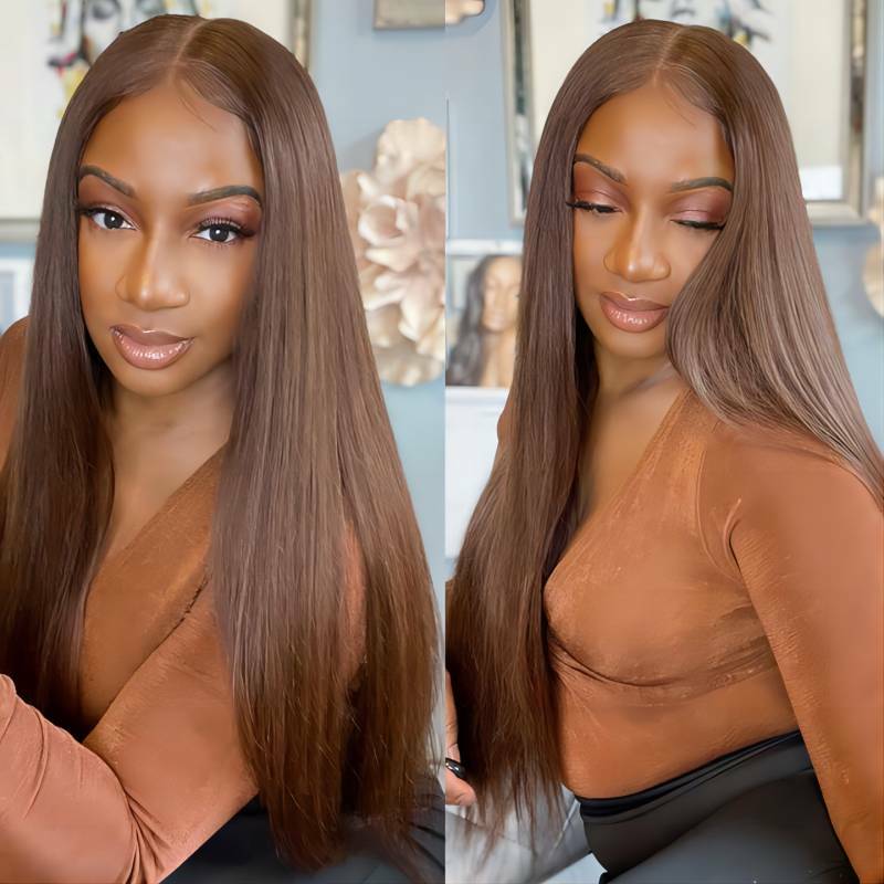 13x4 Chocolate Brown Straight Lace Front Wig HD Transparent Lace Frontal Wig Human Hair Preplucked Colored Human Hair Wigs Remy