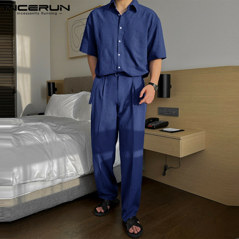 INCERUN-Conjunto de camisa curta masculina de manga curta e calça comprida, streetwear casual, conjunto masculino de duas peças, bonito estilo coreano, S-5XL, 2022