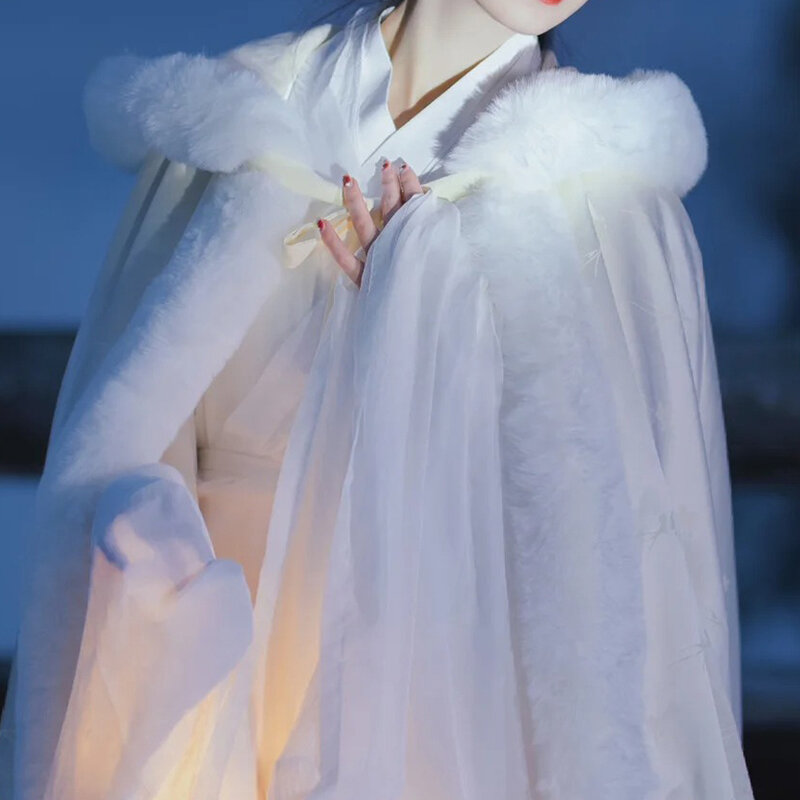 여성용 긴 망토, 큰 모피 칼라 벨벳, 두꺼운 흰색 스타일, 고대 코스튬 후드 망토, 한족 의류