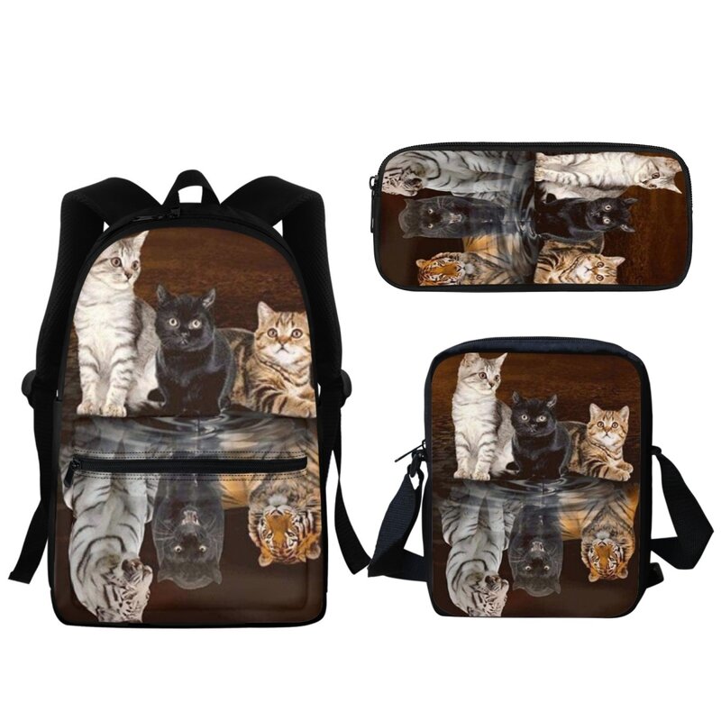 Tas sekolah motif kucing harimau kartun, tas punggung kasual, tas pensil murid Mochila 3 buah