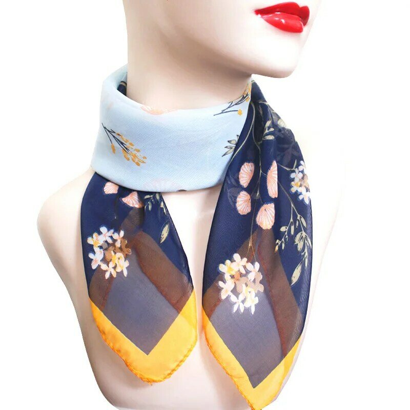 Damskie eleganckie jedwabne chusta na głowę kwadratowe szal szyfonowy z nadrukiem kwiatowym szalik cienkich kobiet w stylu Vintage na co dzień