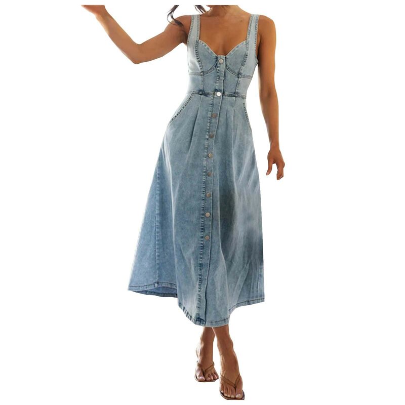 Женское джинсовое платье-макси без рукавов, с высокой талией и V-образным вырезом