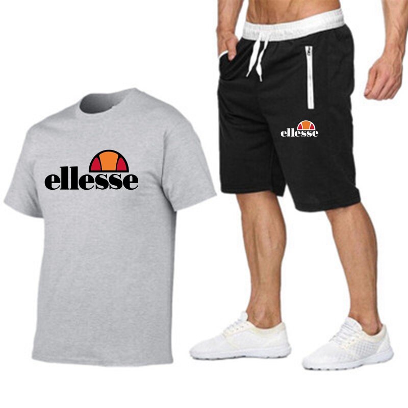 2024 ellesse Men's Fashion T-shirt brand printed casual trend Power summer cotton men's short sleeve + shorts two-piece set