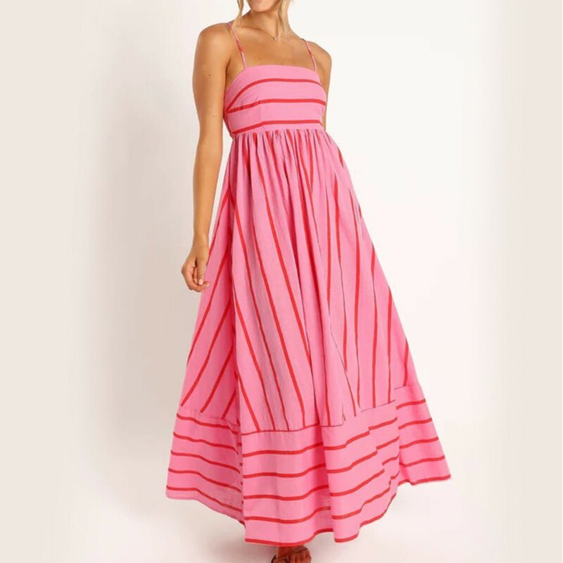 Women’s Fashion Striped Printed Spaghrtti Strap Long Dress Summer Sleeveless A-Line Maxi Dress Female Backless Dresses Vestidos