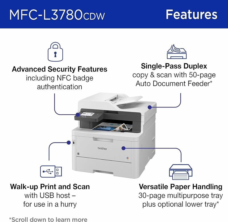 Brother MFC-L3780CDW 무선 디지털 컬러 올인원 프린터, 레이저 품질 출력, 싱글 패스 듀플렉스 복사 및 포함