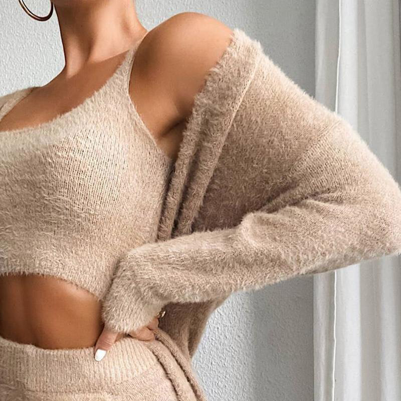 2022 Autumn Winter Soft Fluffy Three Piece Sets Women Sexy Off Shoulder Crop Tops And Long Pants Homesuit Casual Ladies 3 Piece