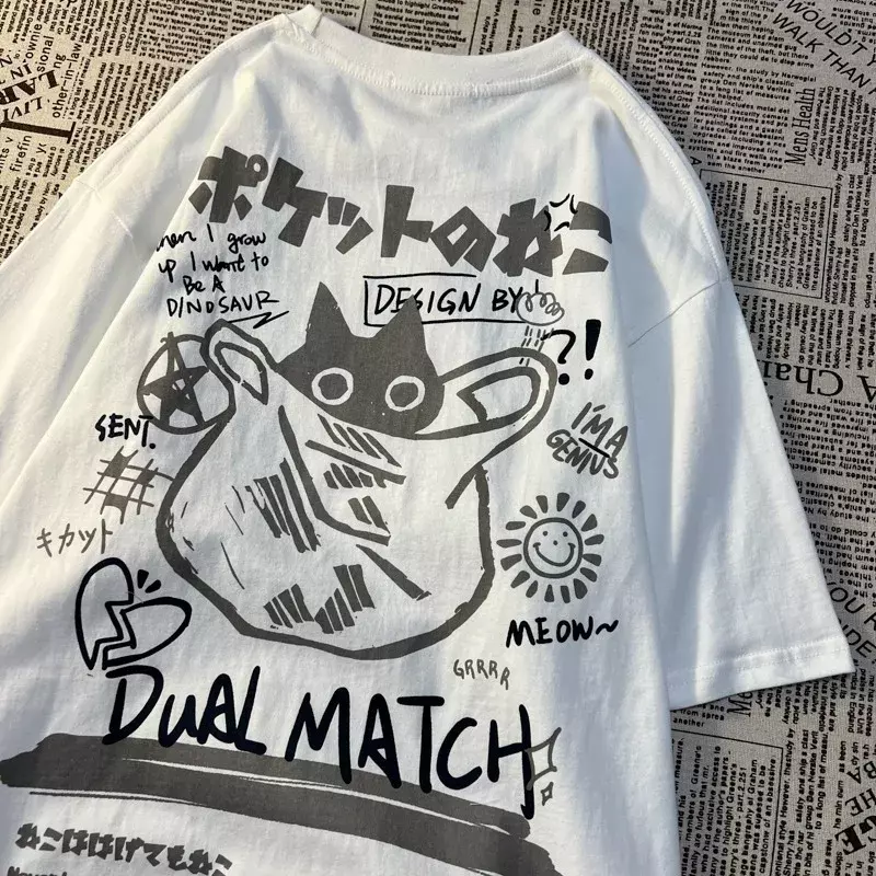 Kaus kartun wanita Kawaii 2023 baju atasan Y2K longgar cetakan kucing Harajuku lengan pendek pasangan wanita Streetwear musim panas