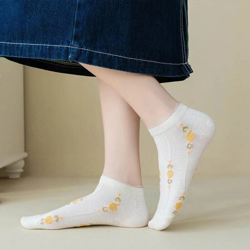 5 Pairs/Lot Summer Cool Short Socks Women Fashion Flower White Ankle Socks Set Thin Breathable Cotton Lady Style Boat Socken