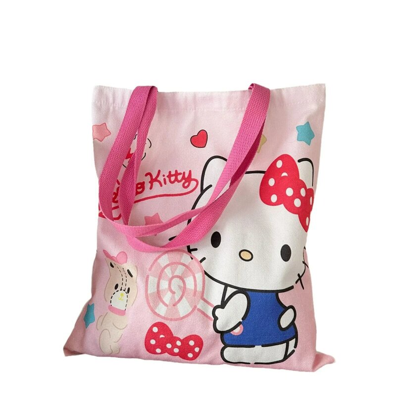 Bolsa de lona Sanrio feminina, bolsa de ombro kawaii, Kuromi Hello Kitty Cinnamoroll, grande capacidade, bolsa de compras casual