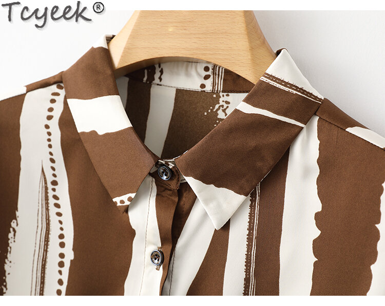 Tcyeek-camisa de seda feminina, top de manga curta, listrada, 92%, elegante, moda, verão, 2024