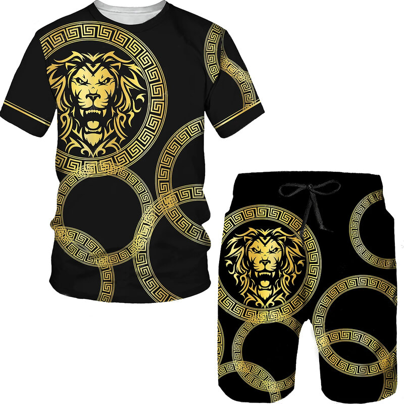 2024 pria sederhana Set T-shirt 3D dicetak kaus celana pendek olahraga kebugaran Set kepala singa celana olahraga pria