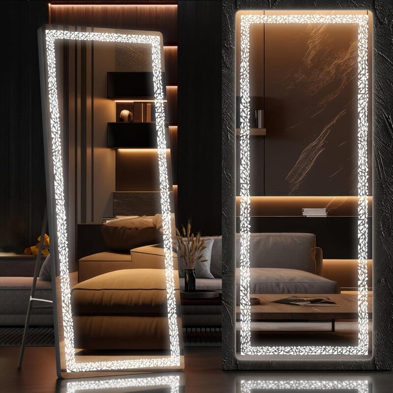 Hasipu cermin panjang penuh 56 inci x 16 inci, cermin bodi penuh dengan lampu LED, lampu pola segitiga untuk dinding