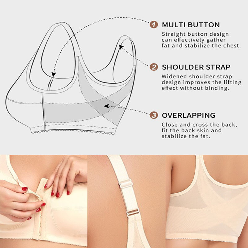 GUUDIA  Back Support Posture Shaper Push Up Plus Size Bras Double Row Buckle Women's Full Figure Coverage Front Closure Wireless