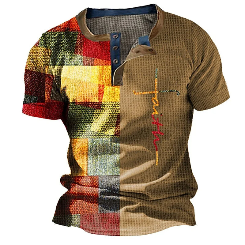 Summer Retro Men's Polo T Shirt Jesus Cross Print Tops Casual Short Sleeve Pullover Plaid T-Shirt Male Oversized Clothing