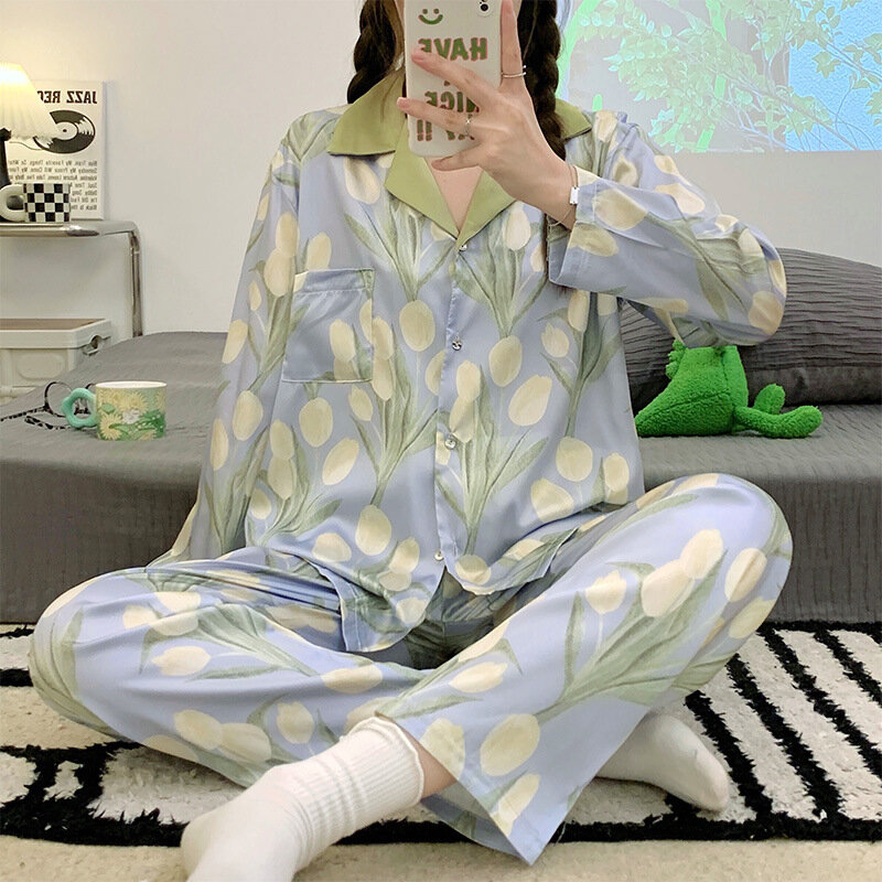 Пижамный комплект Женский из 2 предметов, атласная пижама из искусственного шелка с принтом тюльпанов, одежда для сна с длинным рукавом, домашняя одежда, весна-осень