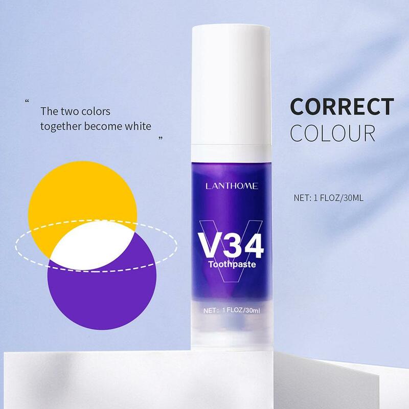V34 pasta gigi perawatan warna kuning, pasta gigi korektor warna ungu untuk gigi putih mencerahkan mengurangi Q4W1