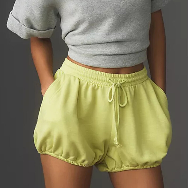 Combhasaki-pantalones cortos deportivos para mujer, bombachos con cordón, cintura elástica, Color sólido, informales, ropa de calle para diario, Verano