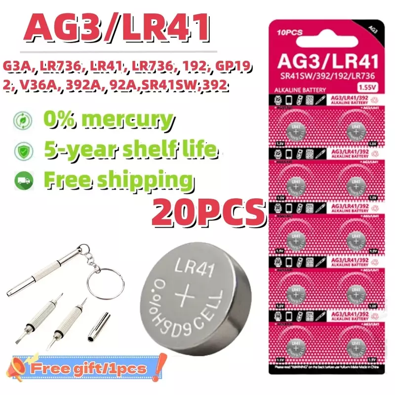 20 buah baterai tombol AG3 LR41 392 192 1.55V untuk mainan jam tangan jarak jauh V392 SR41 384 SR41SW CX41 L736 baterai Alkaline koin sel