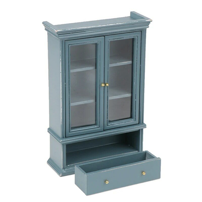 1:12 Dollhouse Miniature ตู้ชั้นวางหนังสือ Haze Blue ประตูตู้จำลองตู้เฟอร์นิเจอร์เครื่องประดับของเล่นตกแต่ง