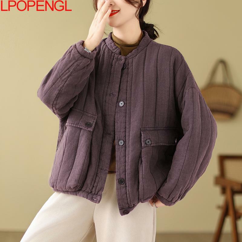 New Women's Winter Cotton Thick Keep Warm Streetwear Coat Loose Literary Vintage Patchwork Long Sleeves Single Breasted Jacket