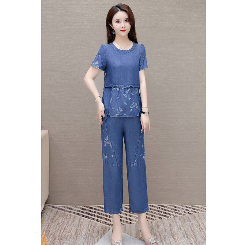 High End Denim Casual Suit Women 2024 Summer Thin Print Short Sleeved pullover Top+ Cropped Pants Cowgirl Set 2PCS Female 4XL