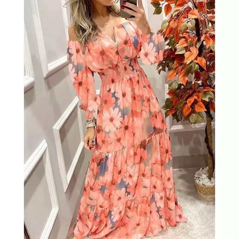 Neue Herbst Frauen One-Shoulder-Blumen druck Langarm schulter frei V-Ausschnitt Taille Kleider Mode Vintage Boho Maxi weibliches Kleid