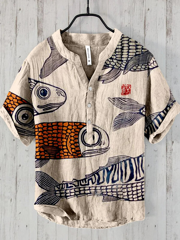 Spring and summer men's and women's shirts independent station casual fish pattern Hawaiian style printed shirts men's tops