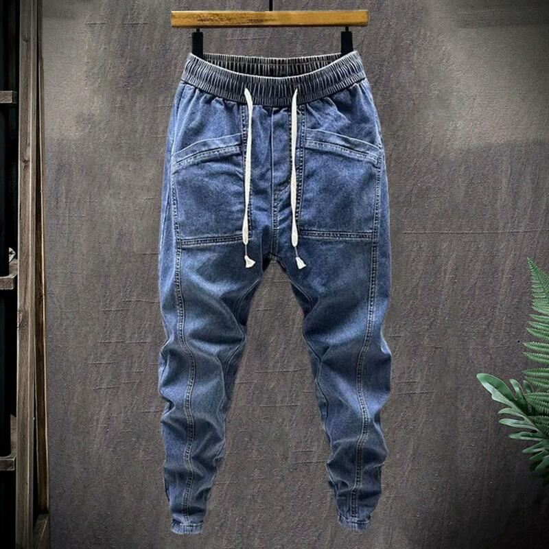 Calça jeans cargo elástica masculina com cintura de cordão, calça jeans de cor sólida com bolsos, calça harém, primavera, outono