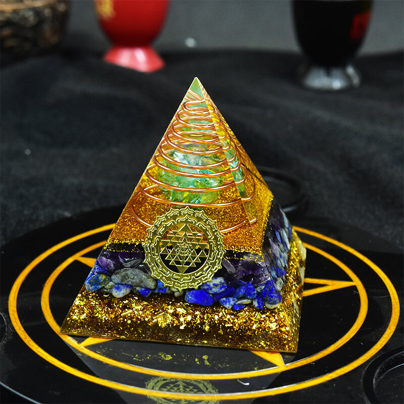 Pirámide de energía de orgón que trae riqueza y suerte, lazurita y protección EMF de cobre, pirámide de orgonita para meditación curativa