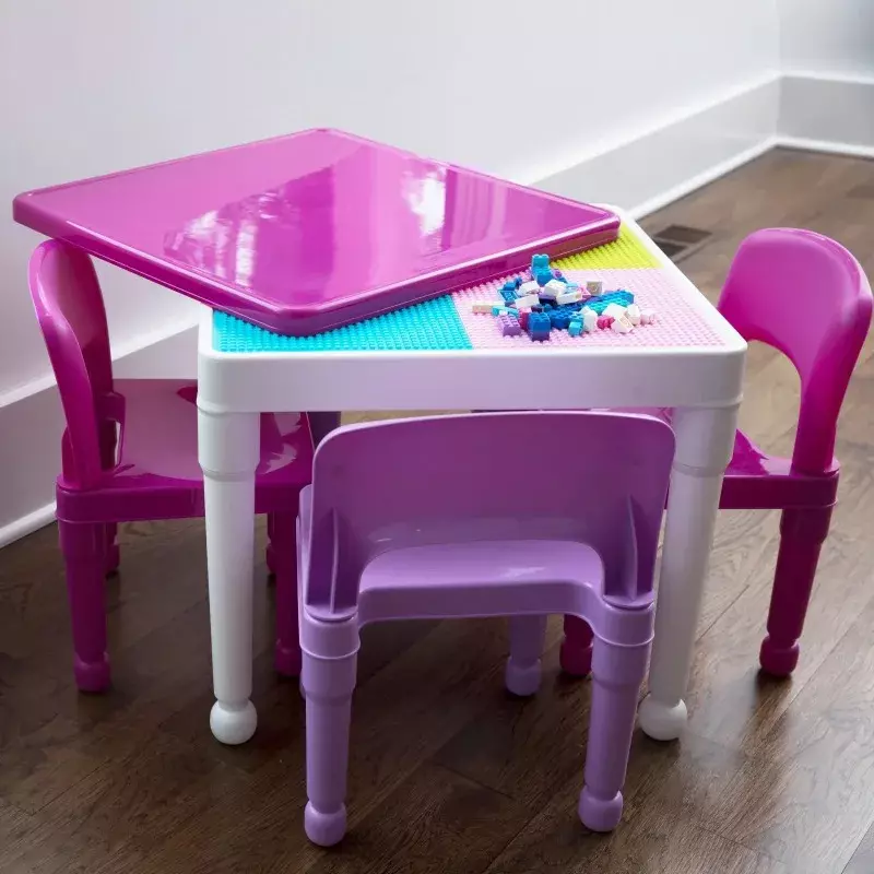 Humble Crew 어린이 플라스틱 활동 테이블 및 의자 4 개 세트, 화이트, 핑크, 퍼플, 투인원