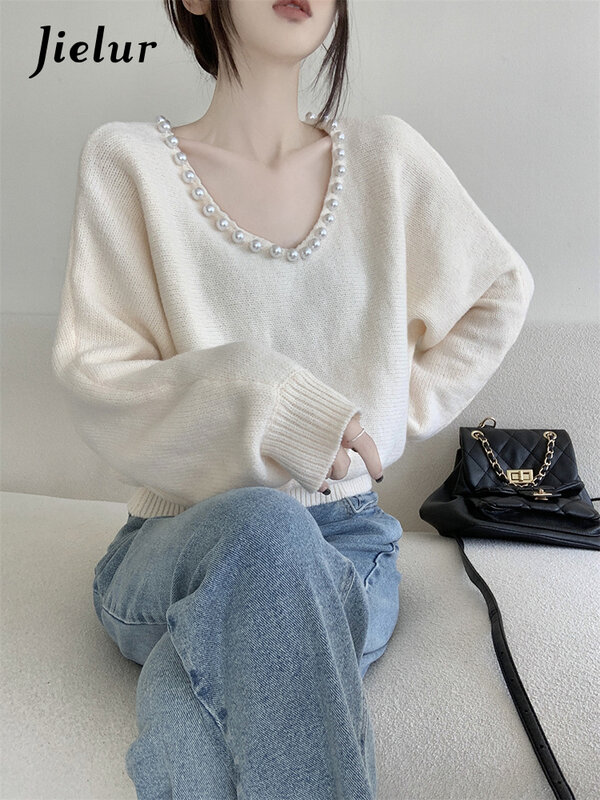 Jelur jesień nowy luźne pulowery w stylu Casual kobieta solidna słodka dzianinowe swetry kobiety białe w koreańskim stylu uliczna modne swetry damskie
