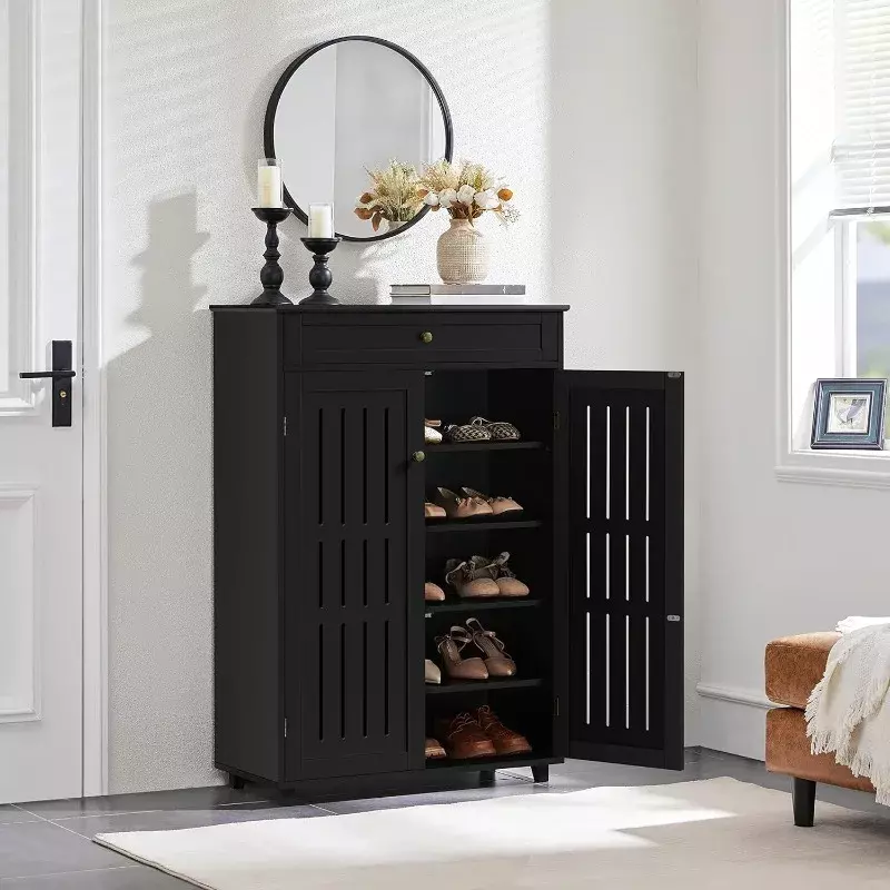 Шкаф для обуви, 5-уровневый обувной шкаф, органайзер с 1 выдвижным ящиком, отдельно стоящий деревянный шкаф для хранения обуви с 2 жалюзи, черный