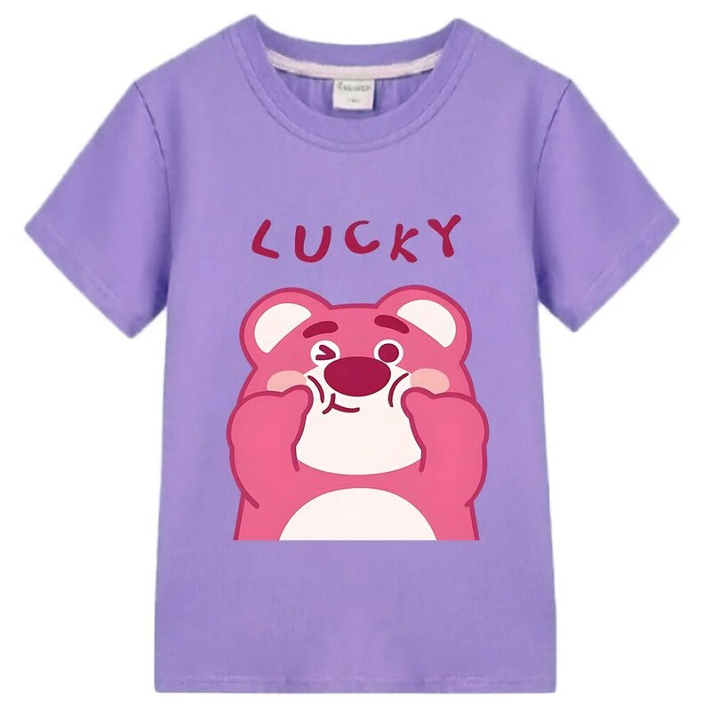 Детская рубашка с принтом клубничного медведя, милые летние топы с коротким рукавом для девочек и мальчиков-подростков, модная детская повседневная одежда, кавайная