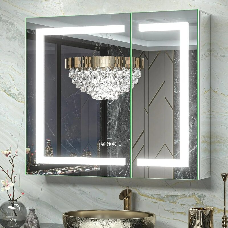 TokeShimi iluminado armário de remédios para banheiro, espelho e tomada elétrica, anti-nevoeiro, temperatura regulável, 3 cores, 30x26