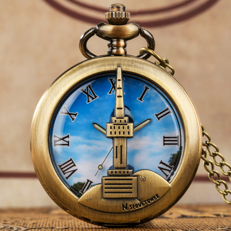 남성용 복고풍 중공 건물 디자인 펜던트 포켓 시계, 쿼츠 로마 숫자 타워 다이얼 체인 시계, 휴대용 기념품